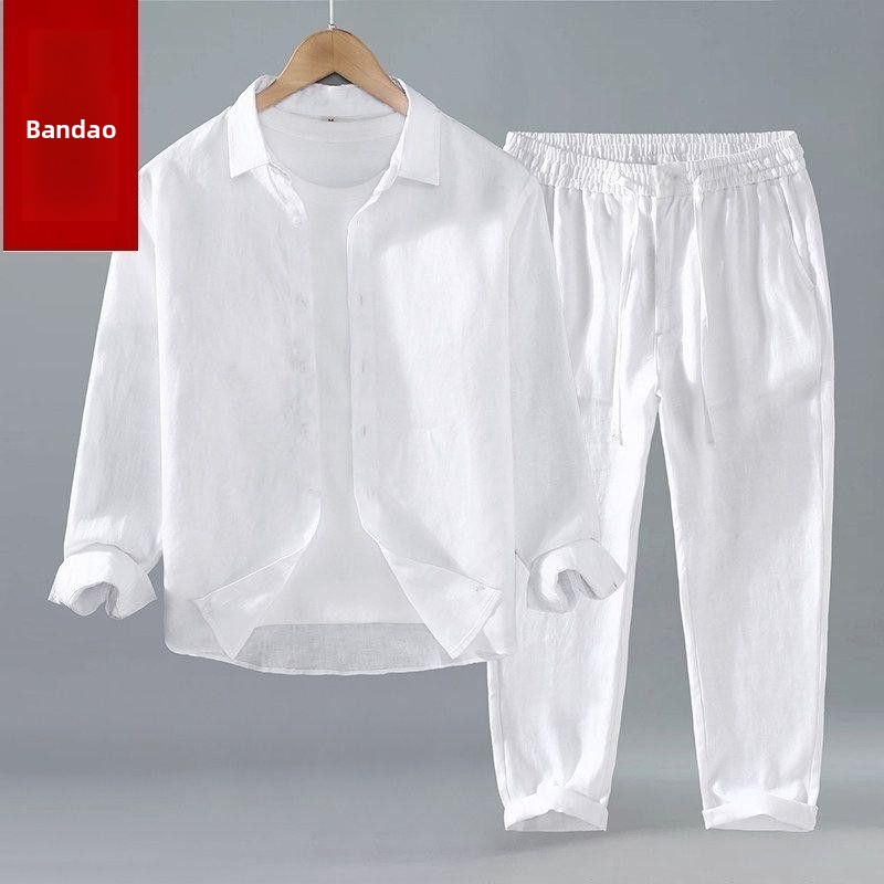 Summer Cotton Linen Shirt Pant - Mens Linen Shirt Long Sleeve 评论和价格