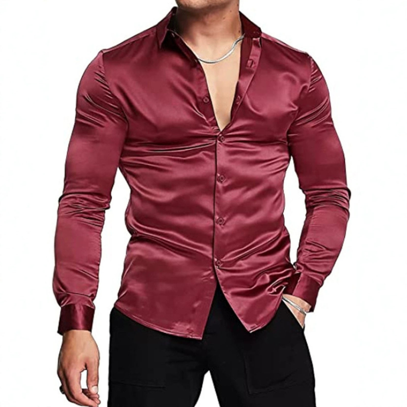 Spring Autumn Silk Satin Shirt - Mens Satin Silk Dress Shirt 评论和价格