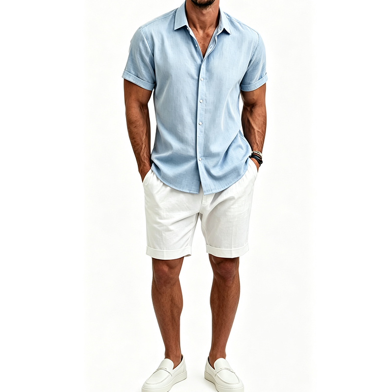 Men's  Cotton Linen Shirt Set  - Mens Linen Shirt Long Sleeve 评论和价格